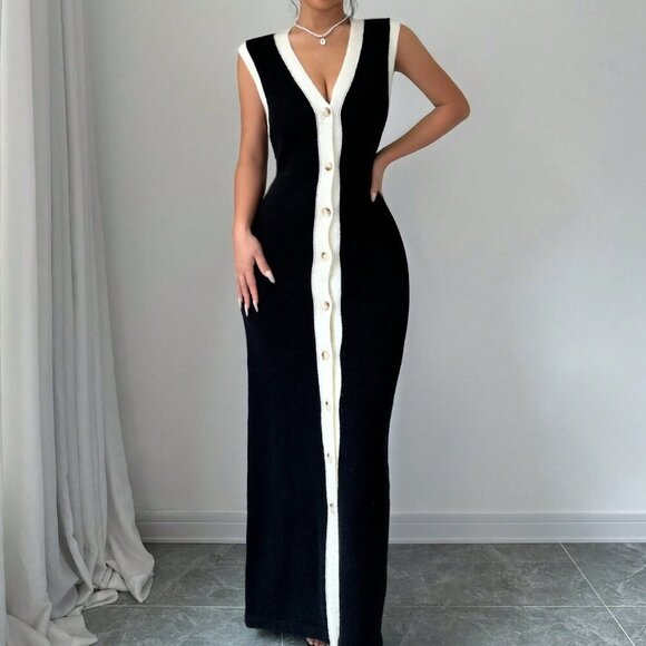 Dresses & Skirts - Black Casual Women's Color Block Button Front Sleeveless Dress